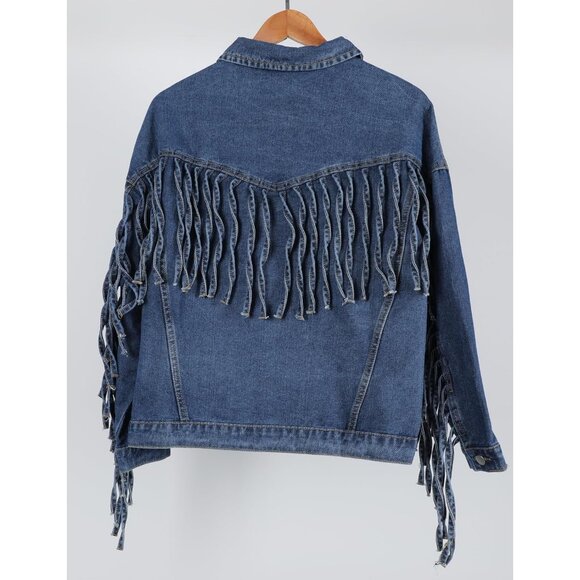 Women's Oversized Fringed Jacket Tassel Jean Jackets Cowgirl Western Denim Blue - Picture 8 of 9